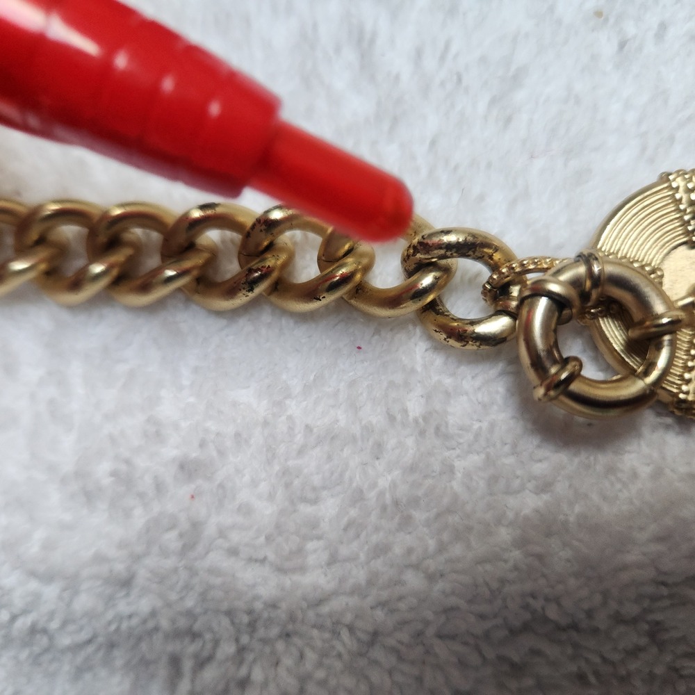 Vintage Gold Tone Chunky Curb Chain Bracelet Medallion Charm Faceted Stone 7.0" - Picture 10 of 14